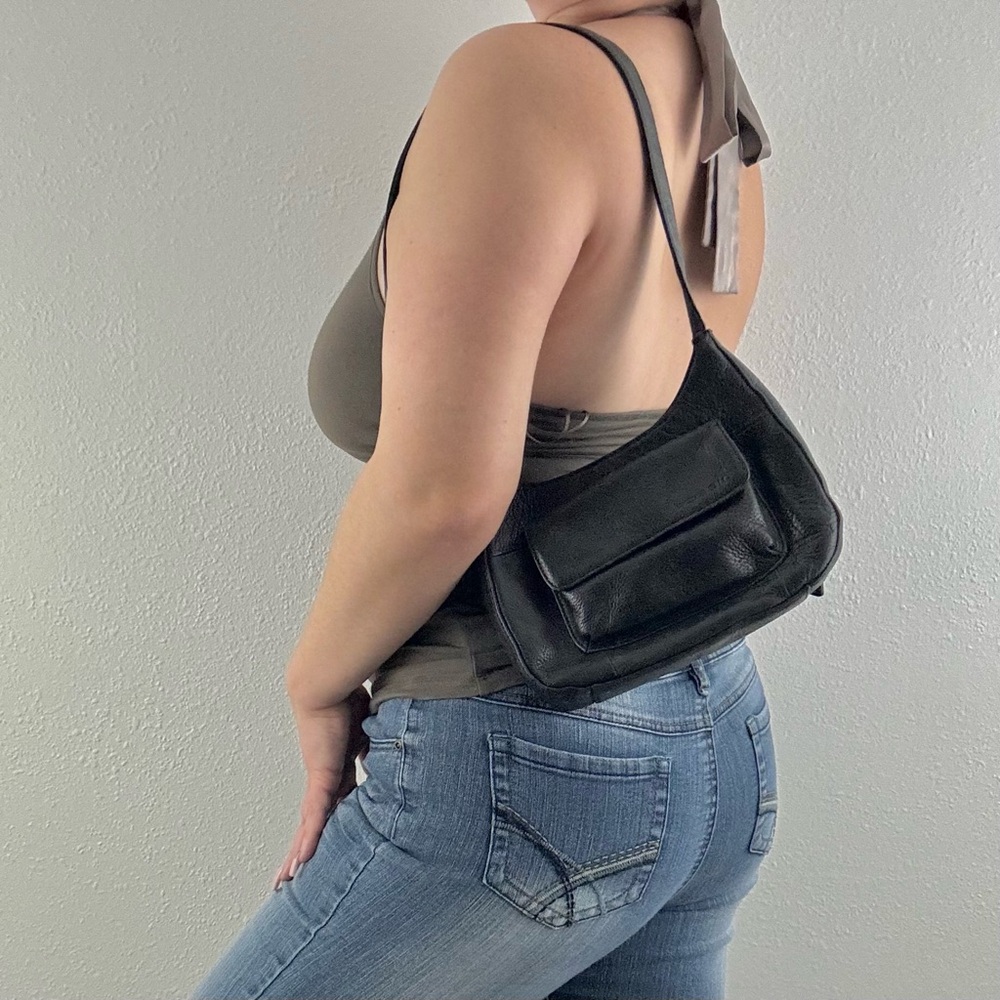 FOSSIL Vintage 90s Y2K Black Leather Edgy Grunge Moto Small Shoulder Bag Purse